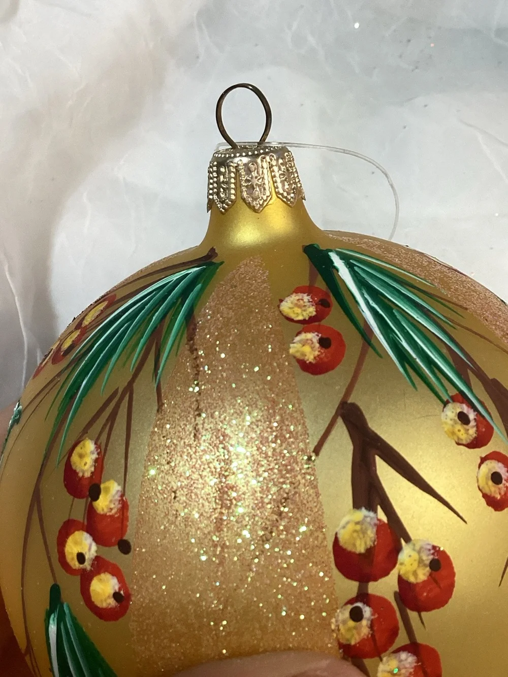Hand-Painted Gold Glitter Holiday Pine Tree Themed Ornament Set Larger Size